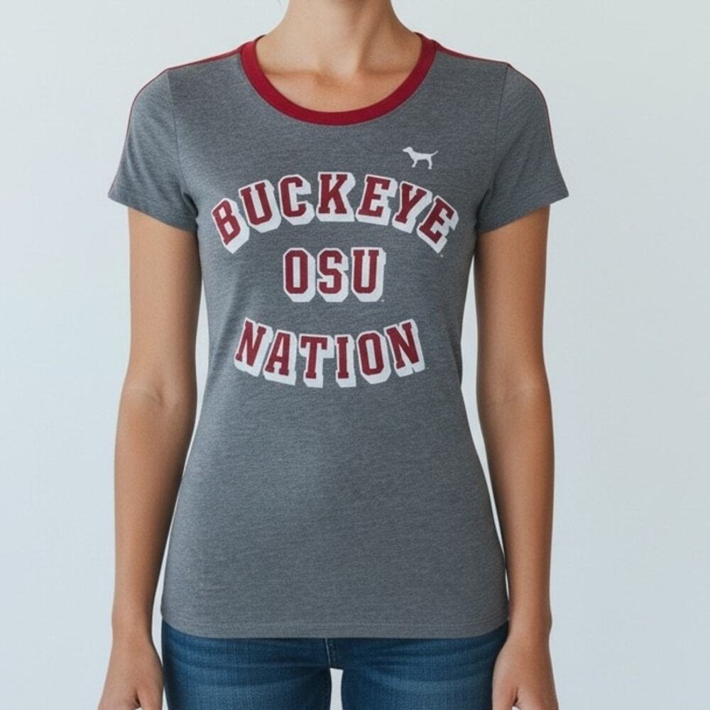 PINK Victoria's Secret OSU Buckeye Nation Gray Red Tee Athletic Small - Picture 12 of 12